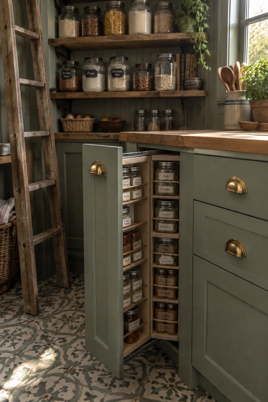 A narrow pull-out corner cabinet with shelves of labeled spice jars stands open beside green kitchen cabinets.