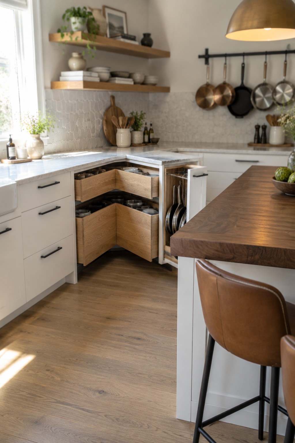 Open angled wooden drawers in a white corner kitchen cabinet hold pots, pans, and dishes.