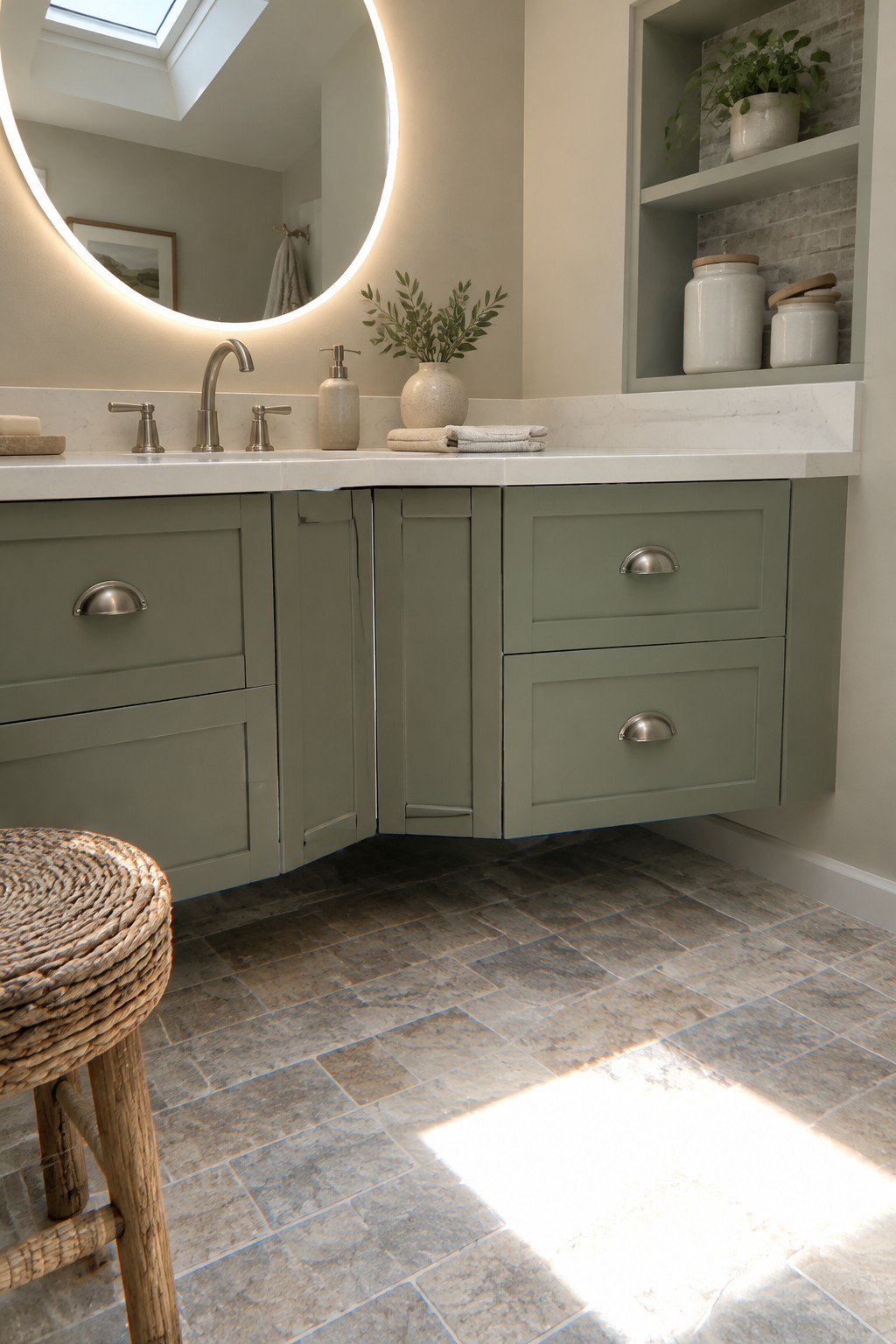 Sage-green corner bathroom vanity with drawers, a white countertop, and a sink.