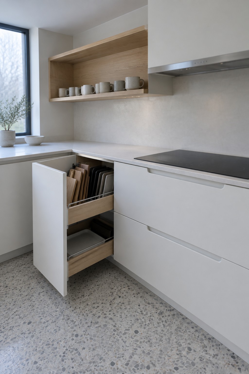 An open white corner cabinet drawer holds upright cutting boards in its upper pull-out and a metal tray in the lower pull-out.
