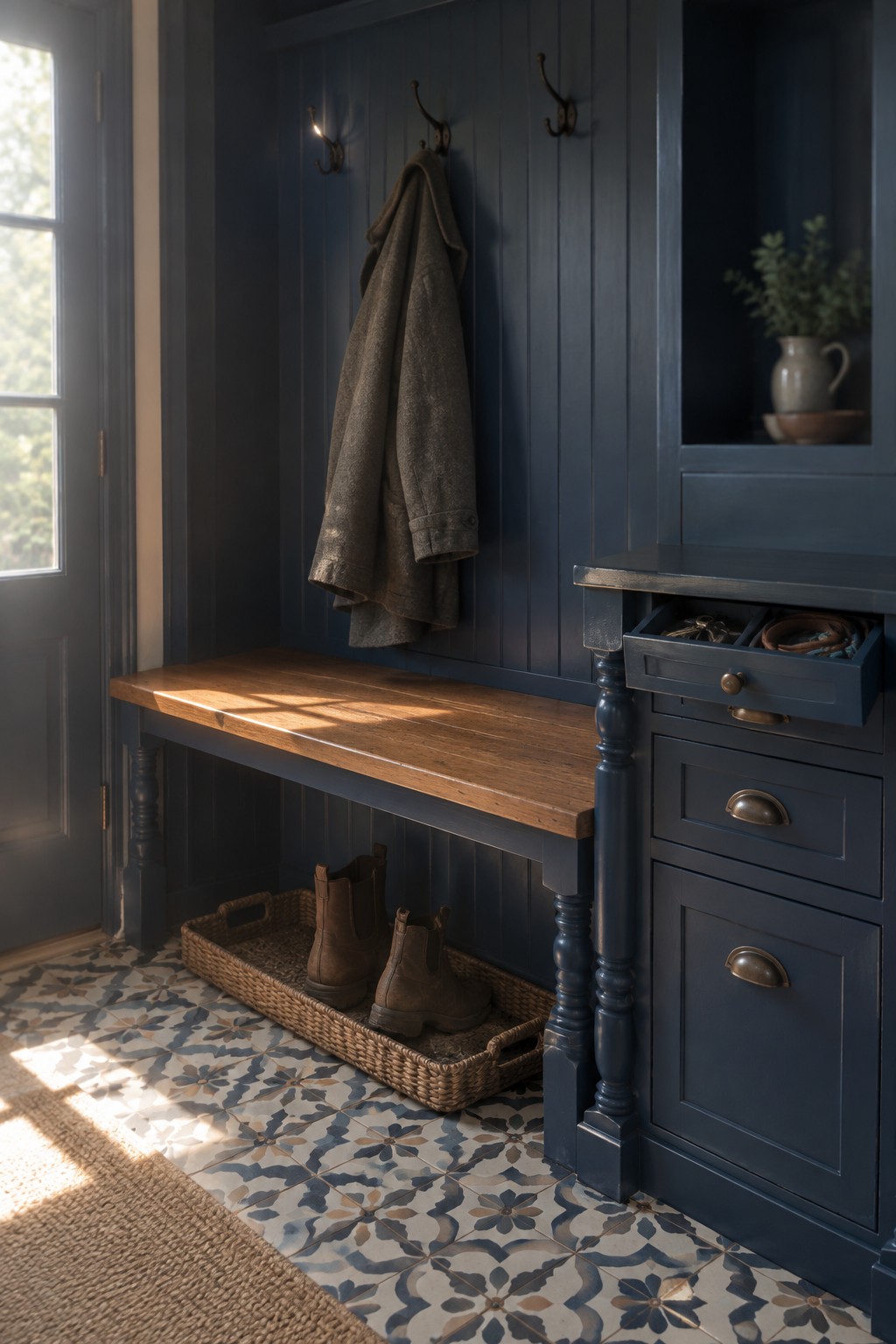 A wooden bench beside navy built-in cabinets has a woven basket of boots beneath it and a coat hanging above.
