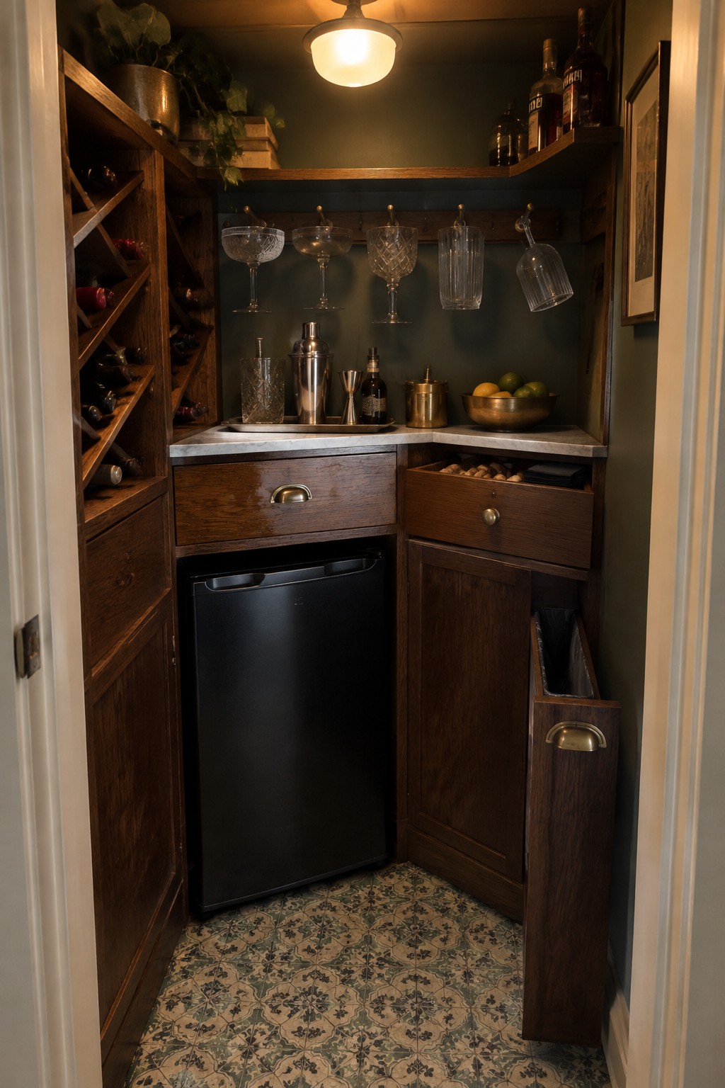 A compact home bar with dark wood corner cabinetry, a marble counter, hanging glasses, and a black refrigerator.