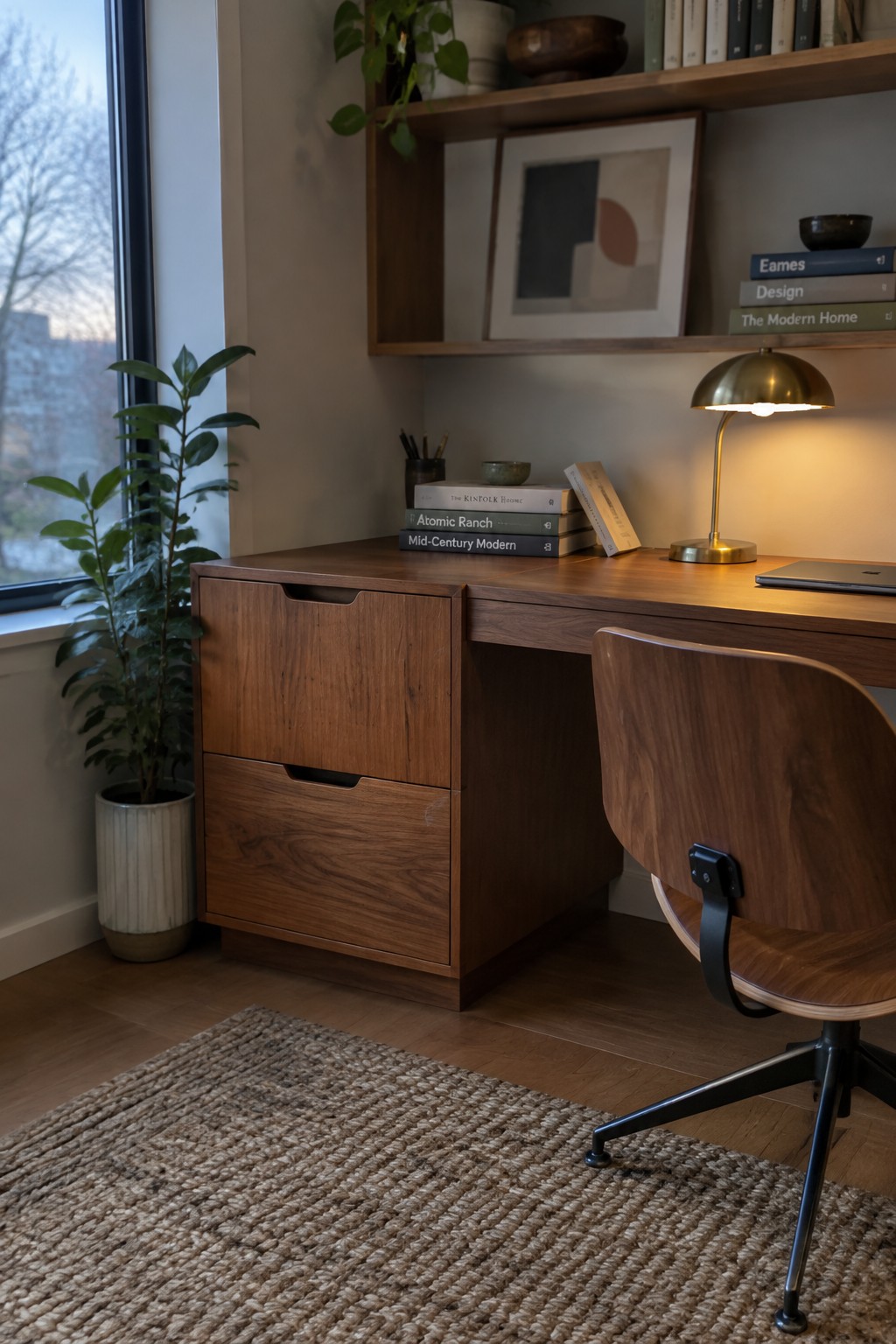 A walnut desk with two recessed-pull drawers beside a wooden chair in a home office.
