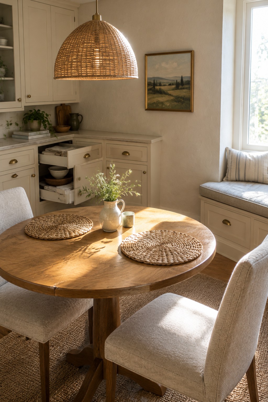 Cream kitchen cabinetry with open corner drawers holding folded linens and bowls.