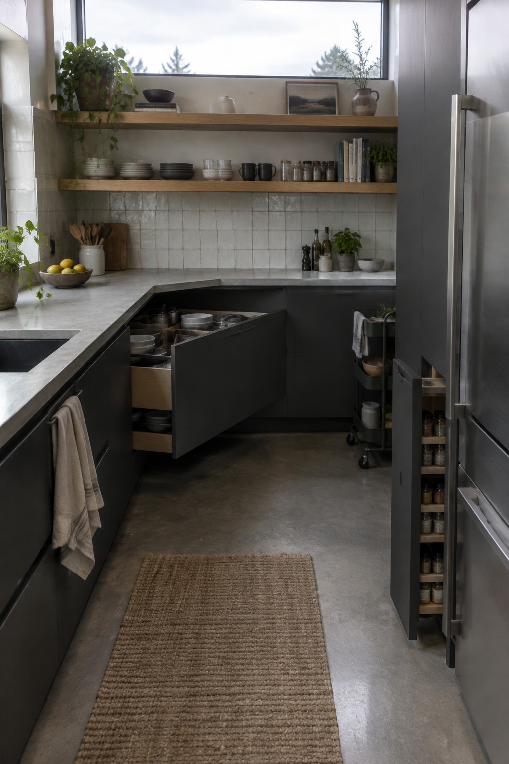 An open deep corner drawer in a dark kitchen cabinet holds cookware and dishes.