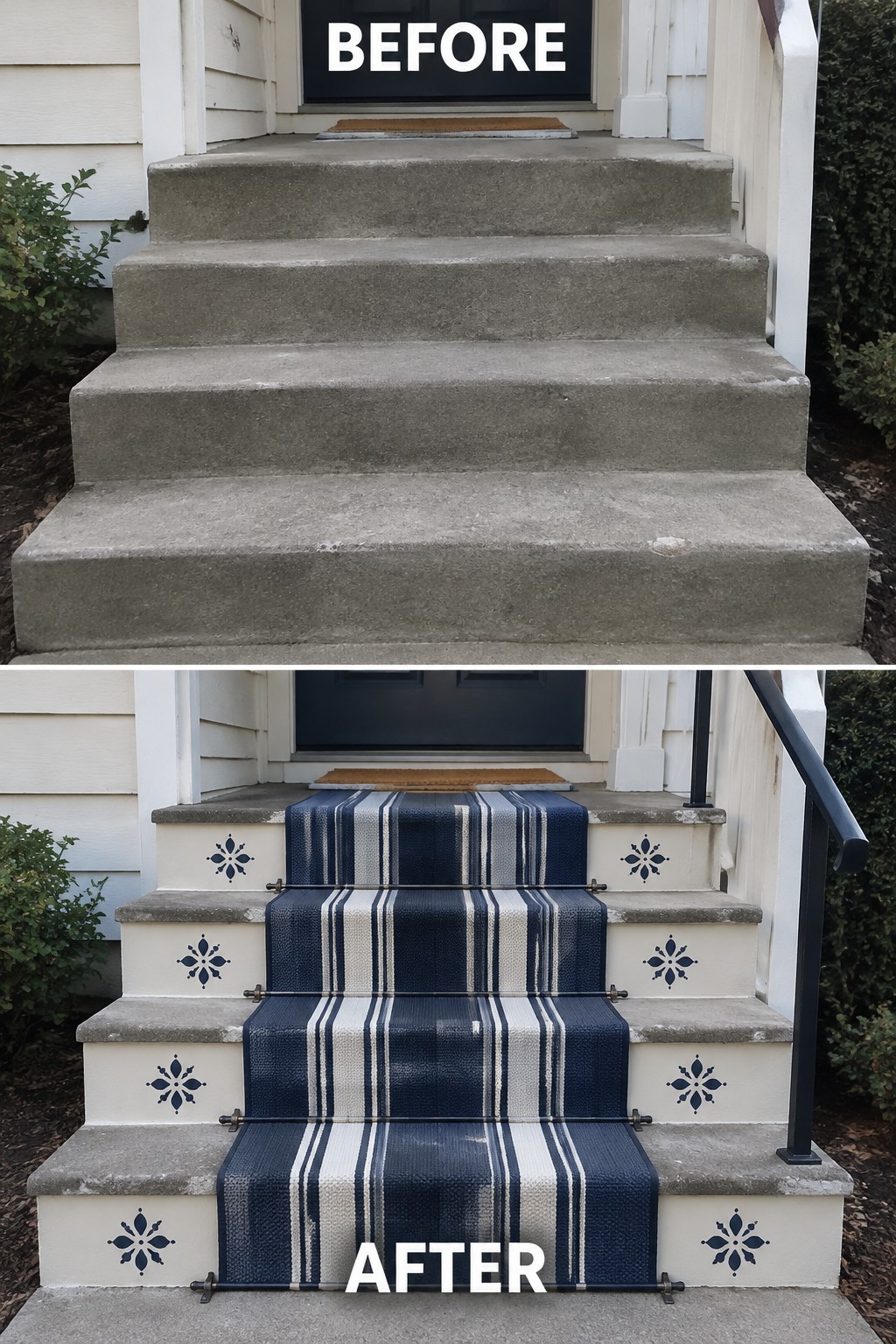 Before and after concrete stairs with white risers, blue stencils, and striped runner