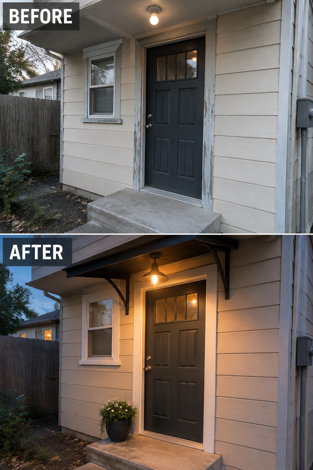 Before and after of beige house entrance with black door, awning, and plant.