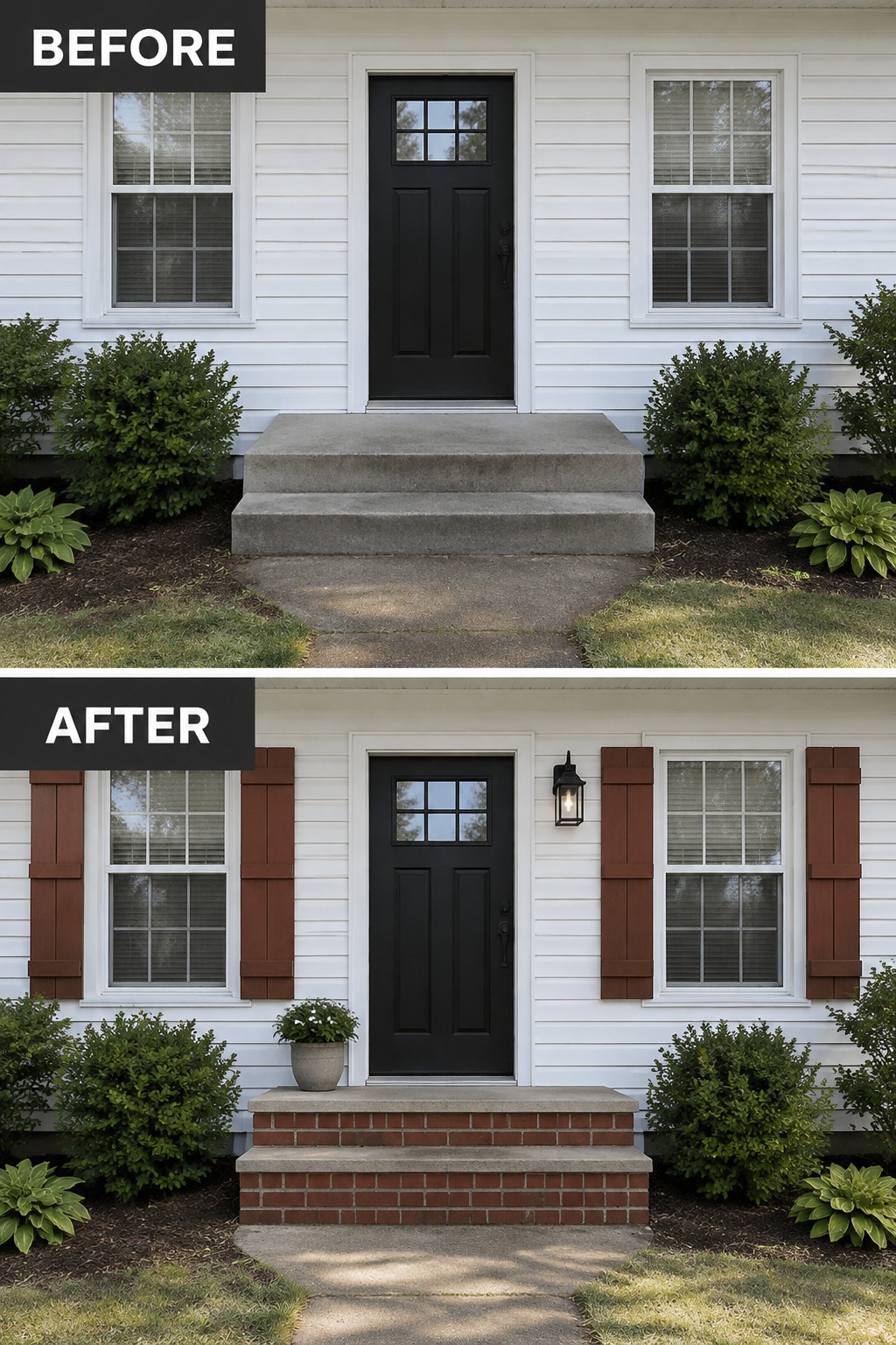 Before and after house entrance with black door, brown shutters, and brick steps.