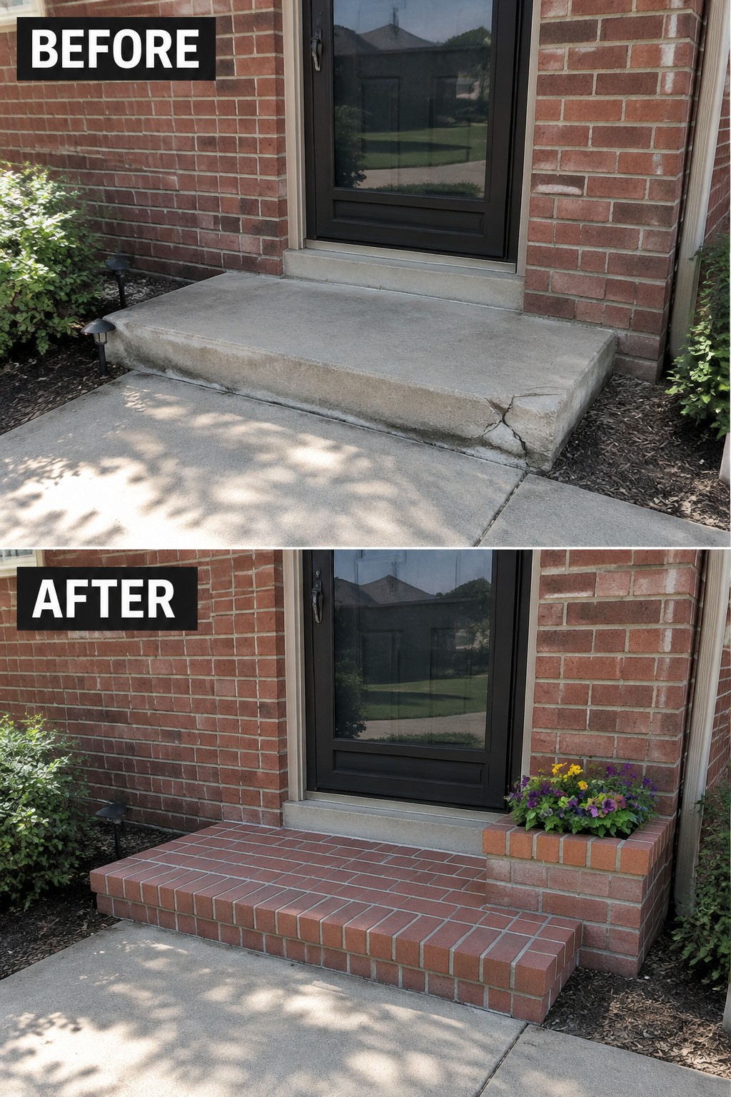 Before-and-after image of a cracked concrete stoop updated with red brick steps and a matching brick planter box.