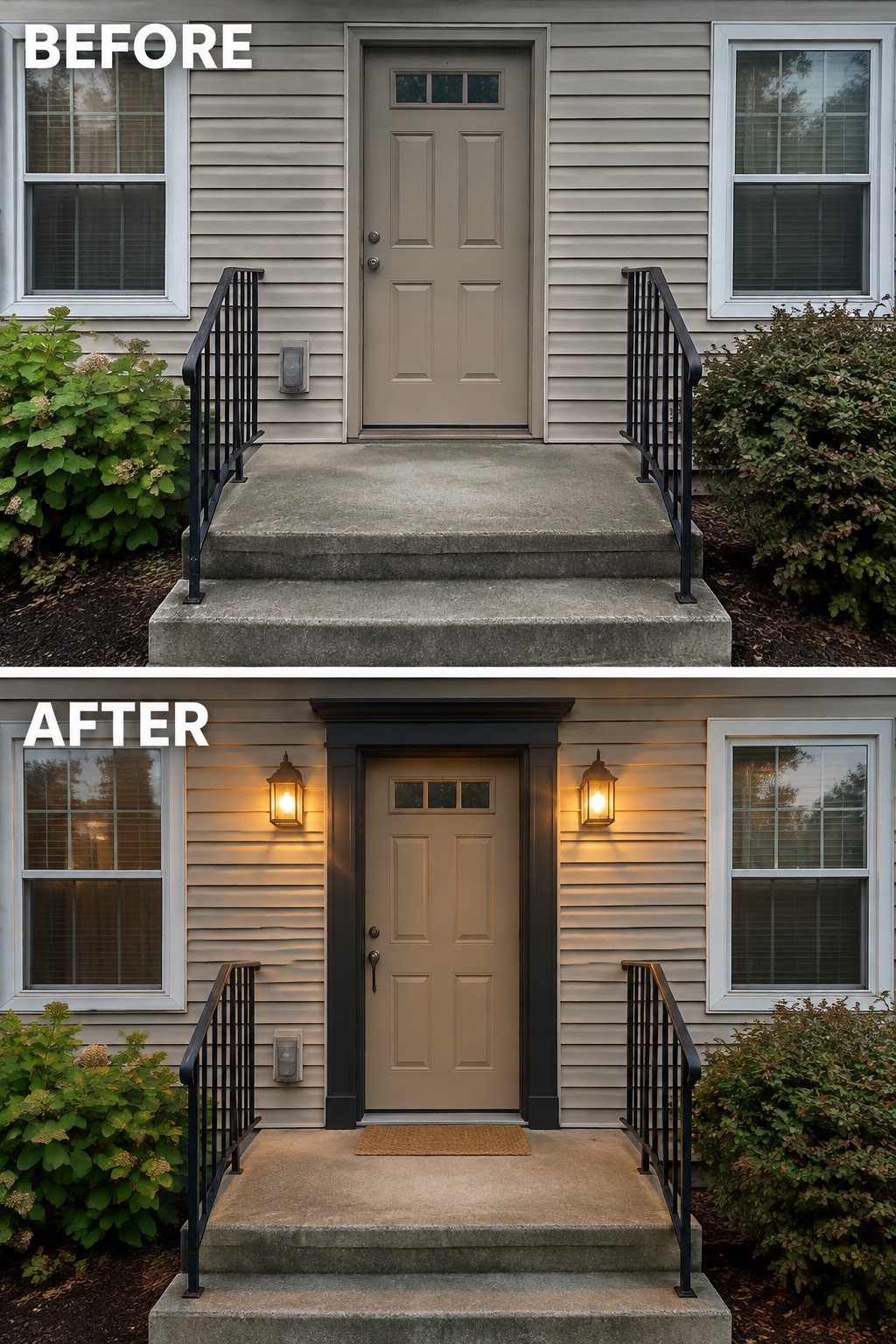 Before and after of beige door with new black trim and glowing lanterns on porch