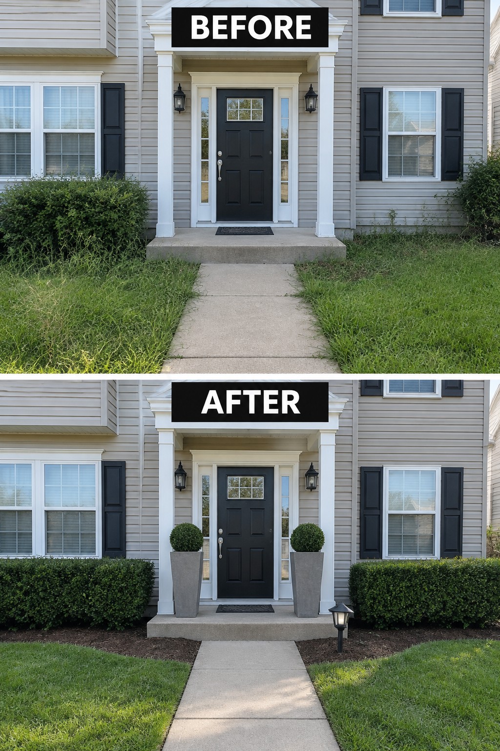 Before and after view of gray house entrance with added planters and shrubs.