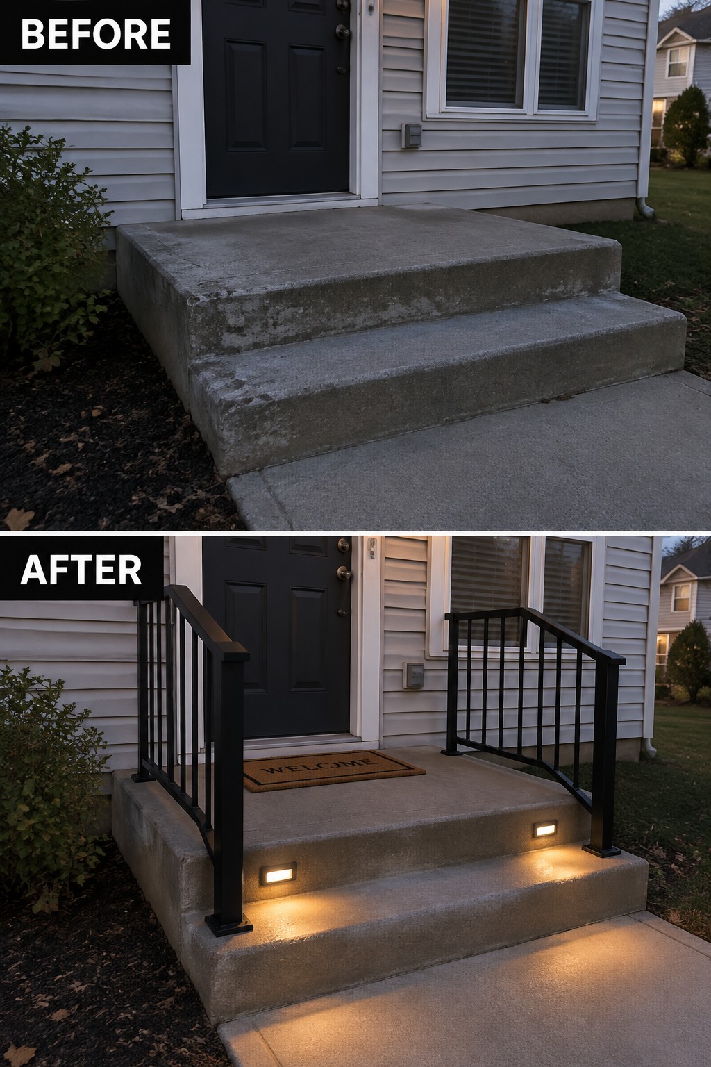 Before and after concrete steps with added black railings and glowing lights