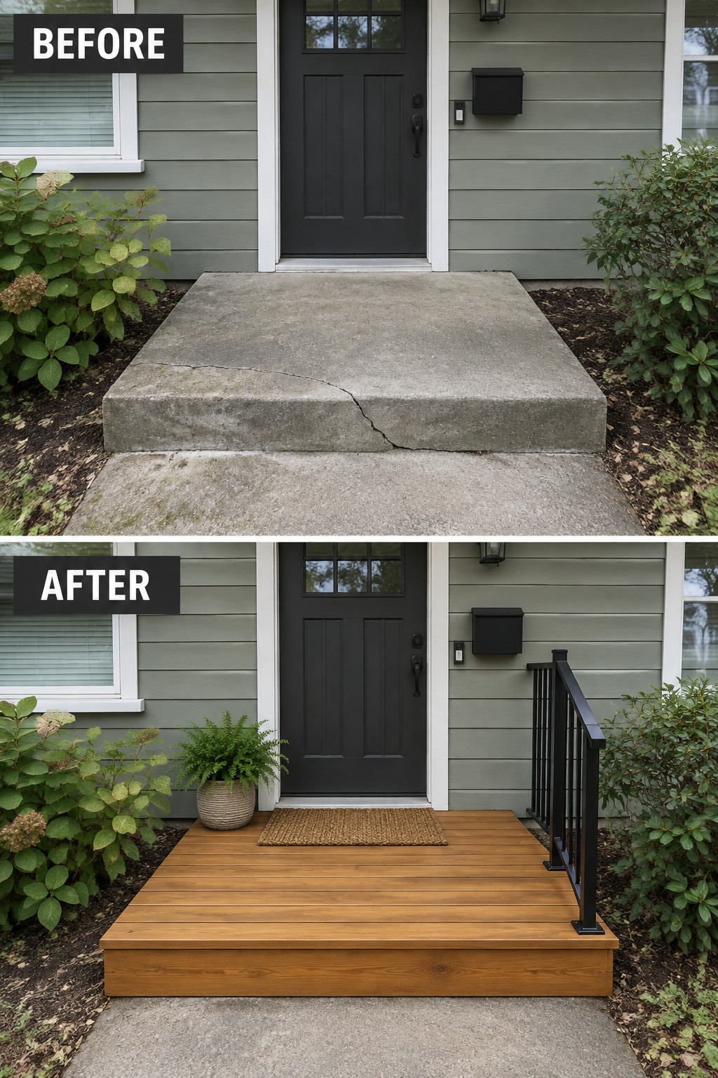 Before-and-after view of cracked concrete porch replaced by wooden deck with railing.