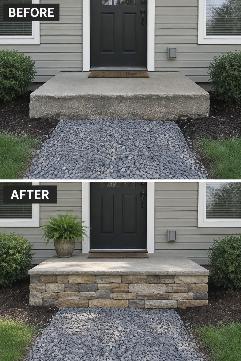 Before and after of concrete front step upgraded to stone veneer with potted fern