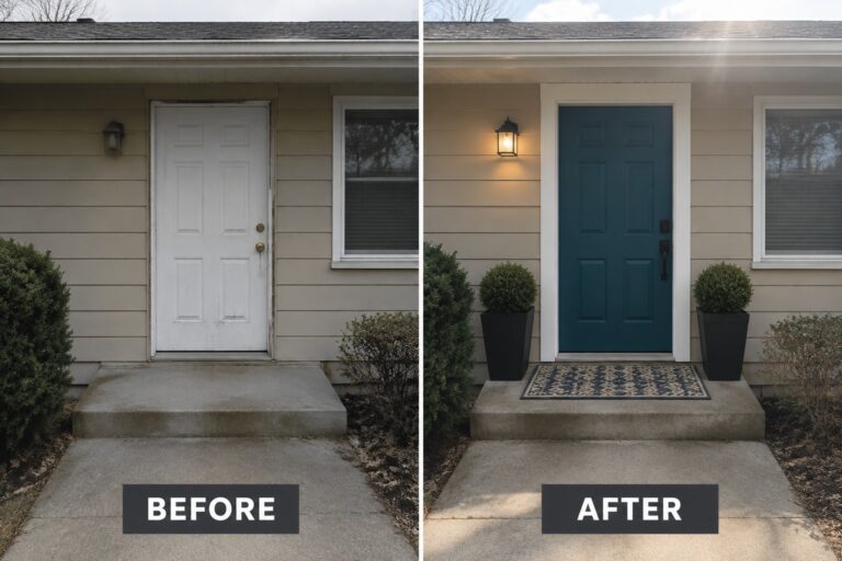 Before and after of beige house with white door repainted teal, plus planters and mat.