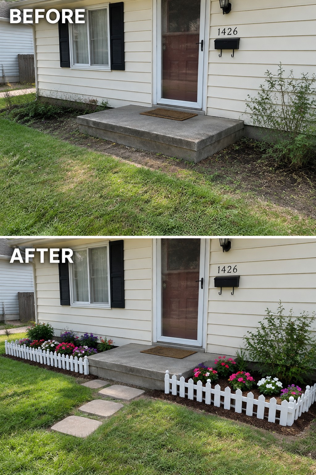 Before and after of beige house porch with white picket fence, flowers, and stone path