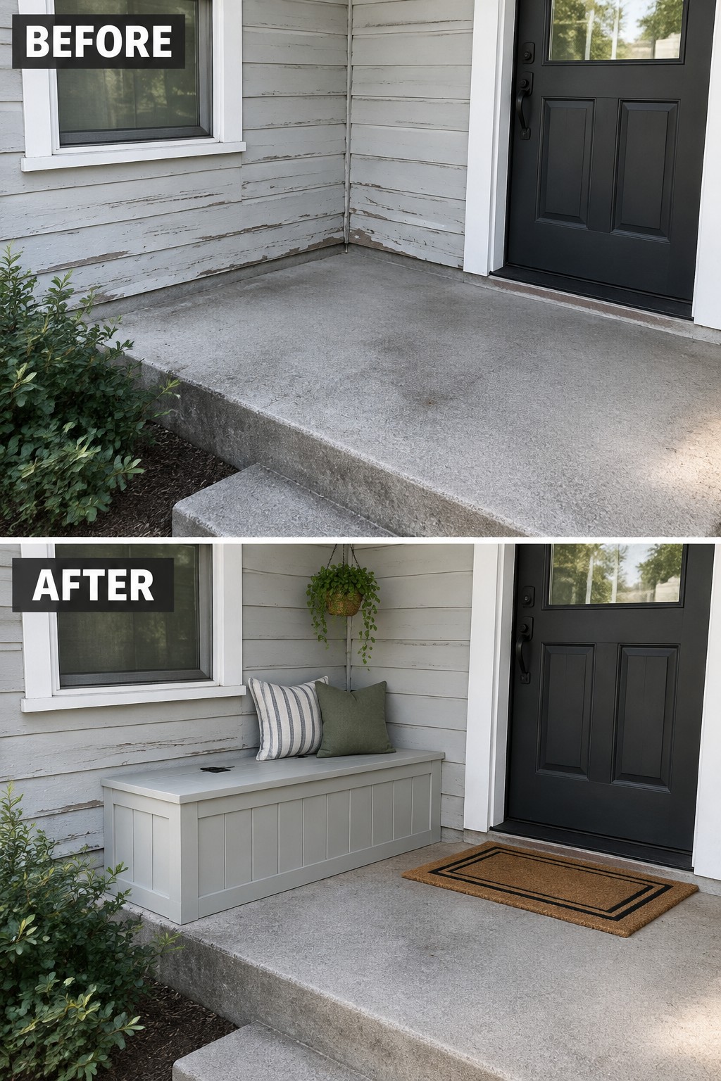 Before and after of porch with new gray bench, cushions, plant, and doormat