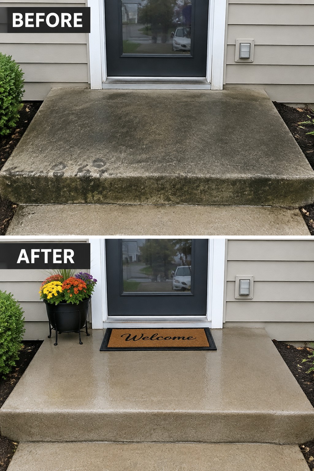 Before-and-after image of a plain concrete front stoop updated with a welcome mat and a pot of colorful flowers.