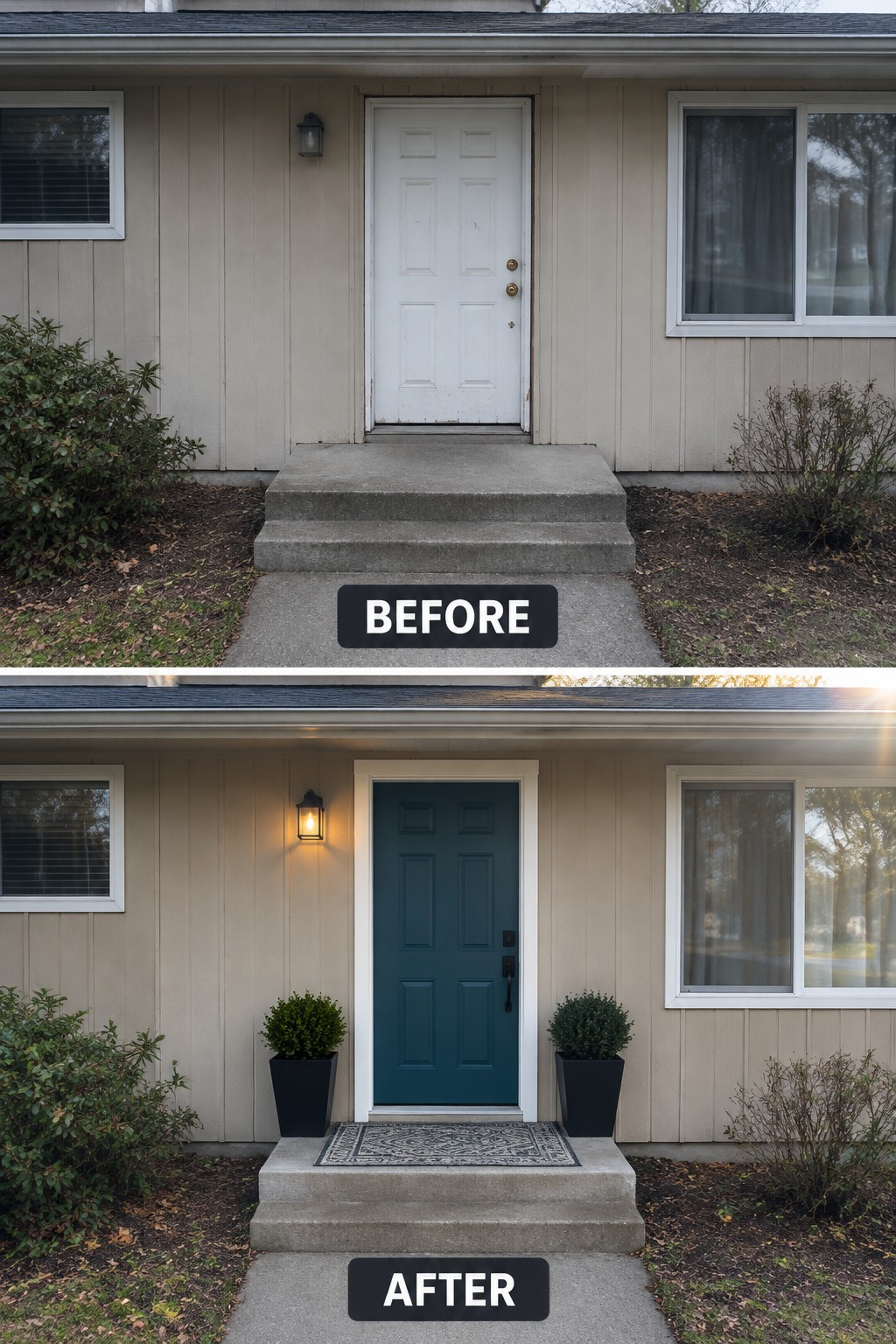 Before and after of beige house with white door repainted teal, plus planters and mat.