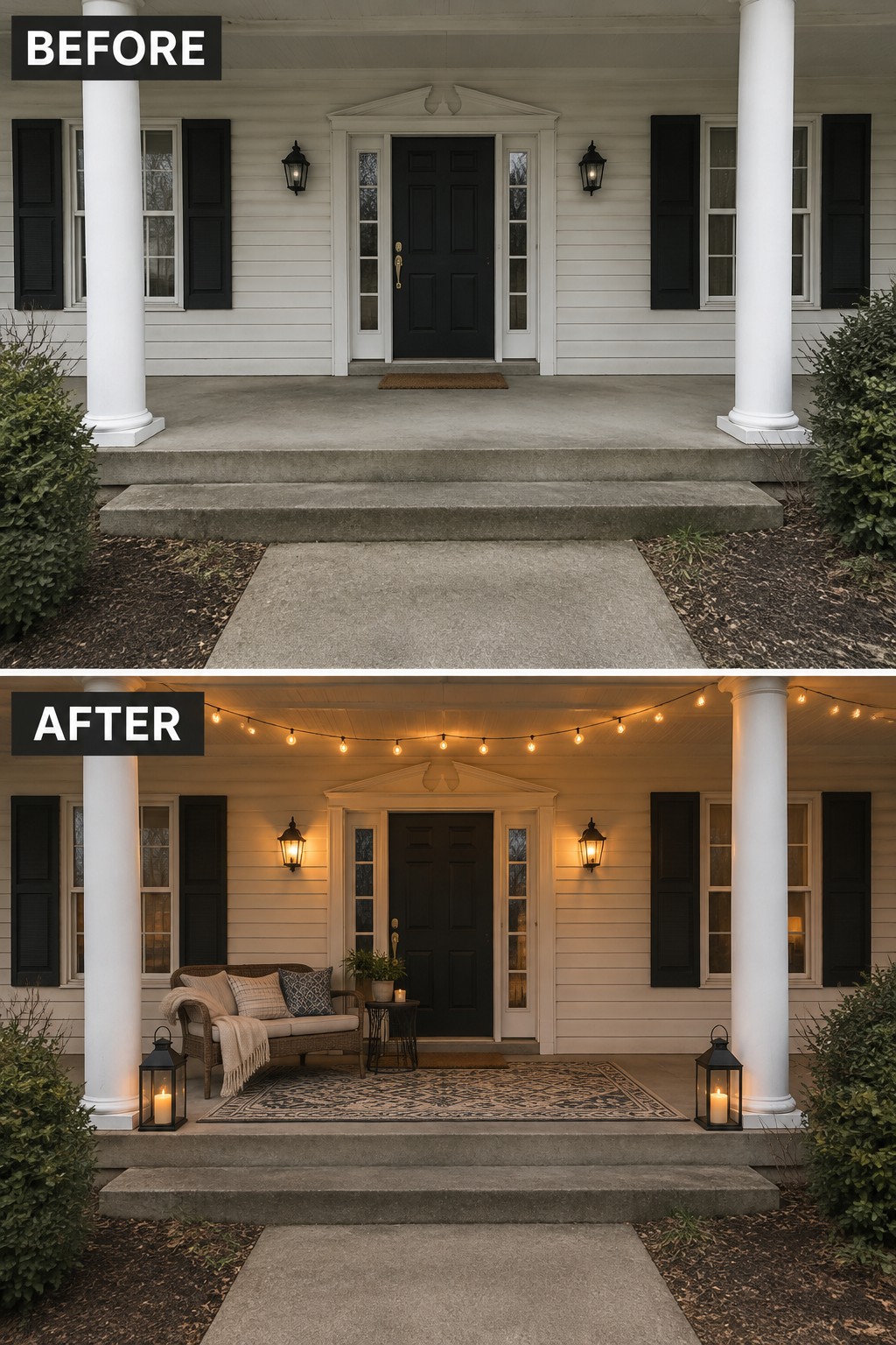 Before-and-after front porch with string lights, wicker bench, rug, and lanterns at dusk.