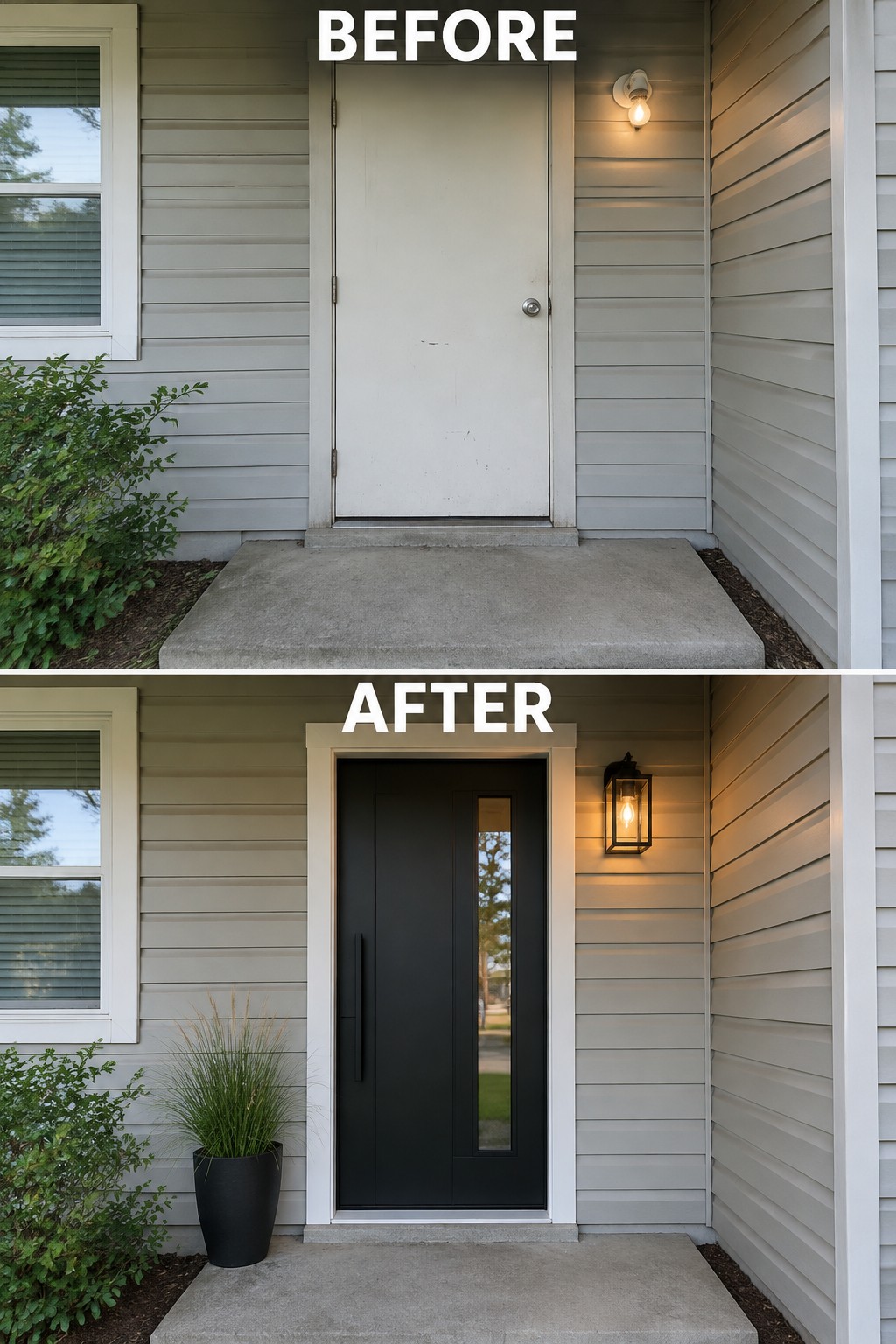 Before-and-after image of a plain front entry with a white door changed to a black door with vertical glass, white trim, a black planter, and a new lantern light.