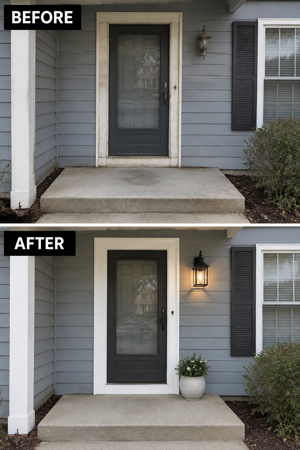 Before and after of gray house front door with new lantern light and potted plant.