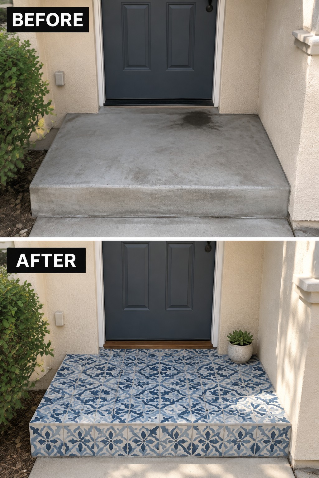 Before-and-after porch with gray door: plain concrete transformed by blue patterned tiles.