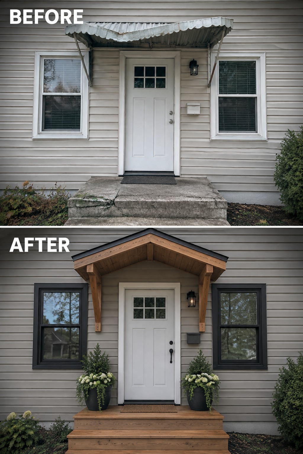Before-and-after views of gray house entrance with new wooden awning, steps, and black windows