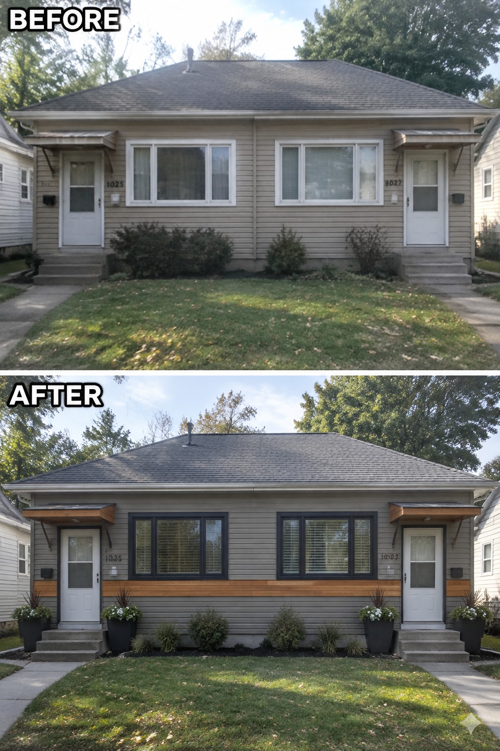 Before and after of house exterior renovation with new gray siding, windows, and plants.