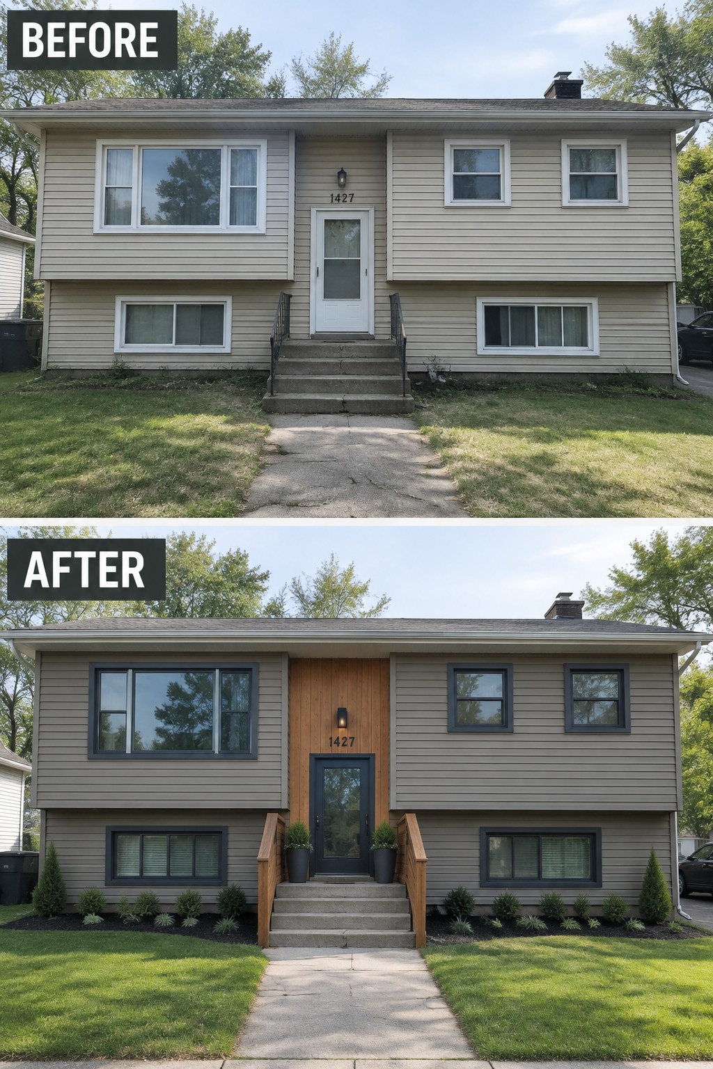 Before-and-after image of a two-story house with beige vinyl siding updated by adding natural wood around the front door, dark window frames, and new garden beds along the front.