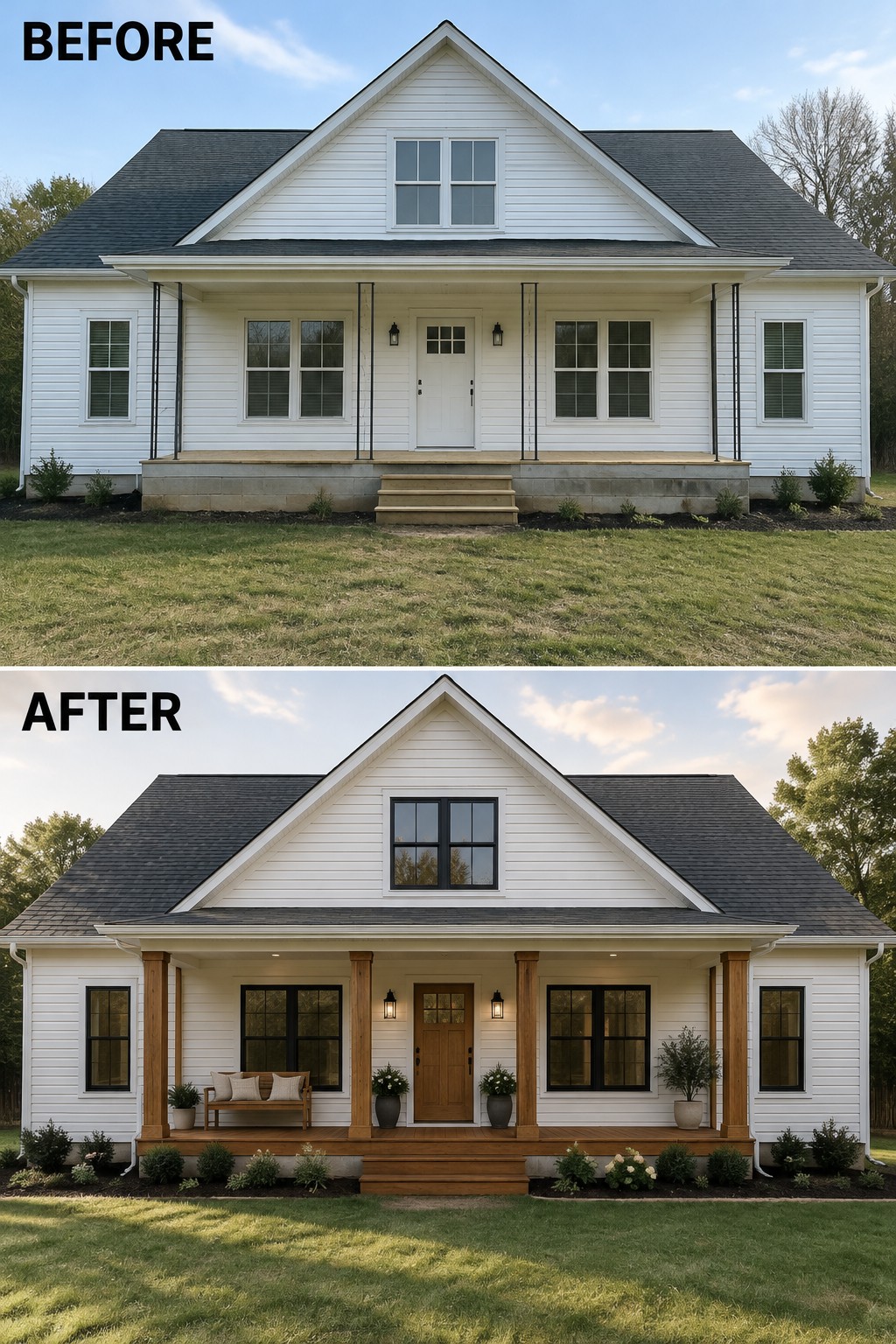 Before and after of white house with porch, wooden columns, and updated landscaping.