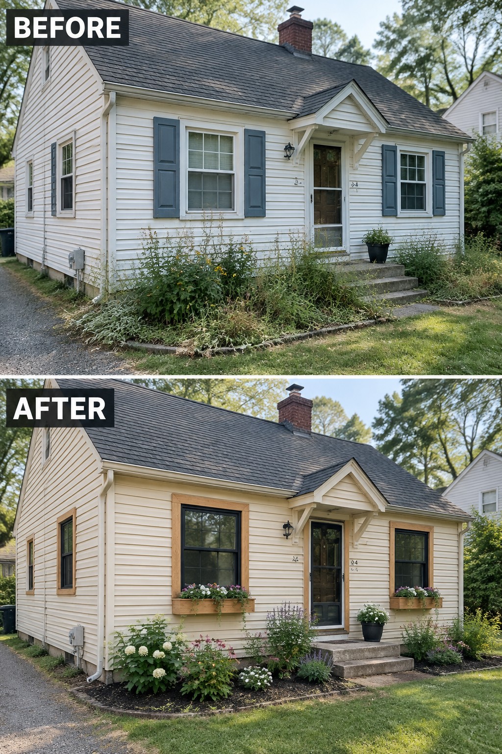 Before-and-after image of a vinyl-sided house exterior updated with dark window frames, natural wood trim, and added window boxes.