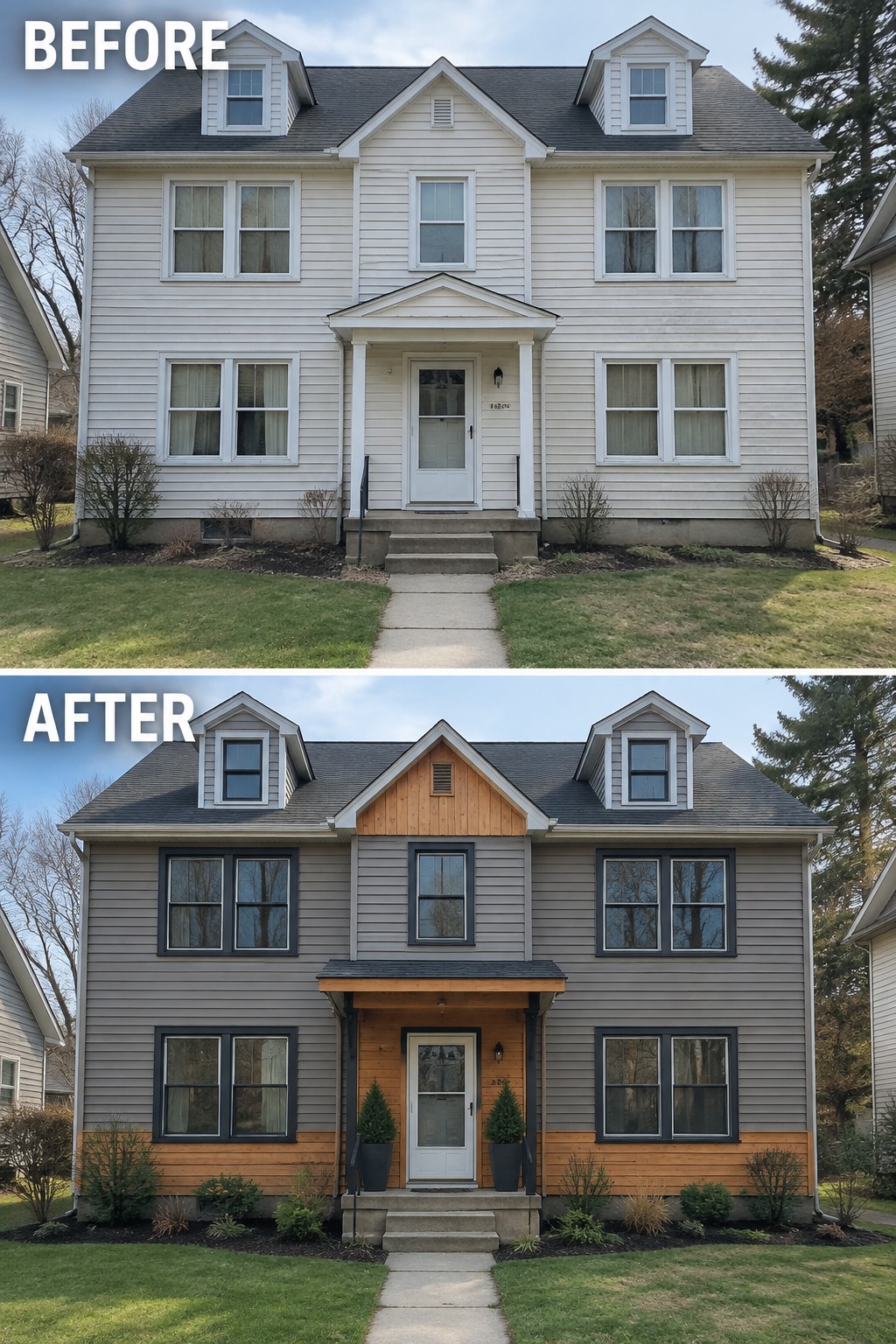 Before-and-after image of a two-story house with white vinyl siding changed to gray siding with natural wood accents on the gables and entry plus dark window frames.