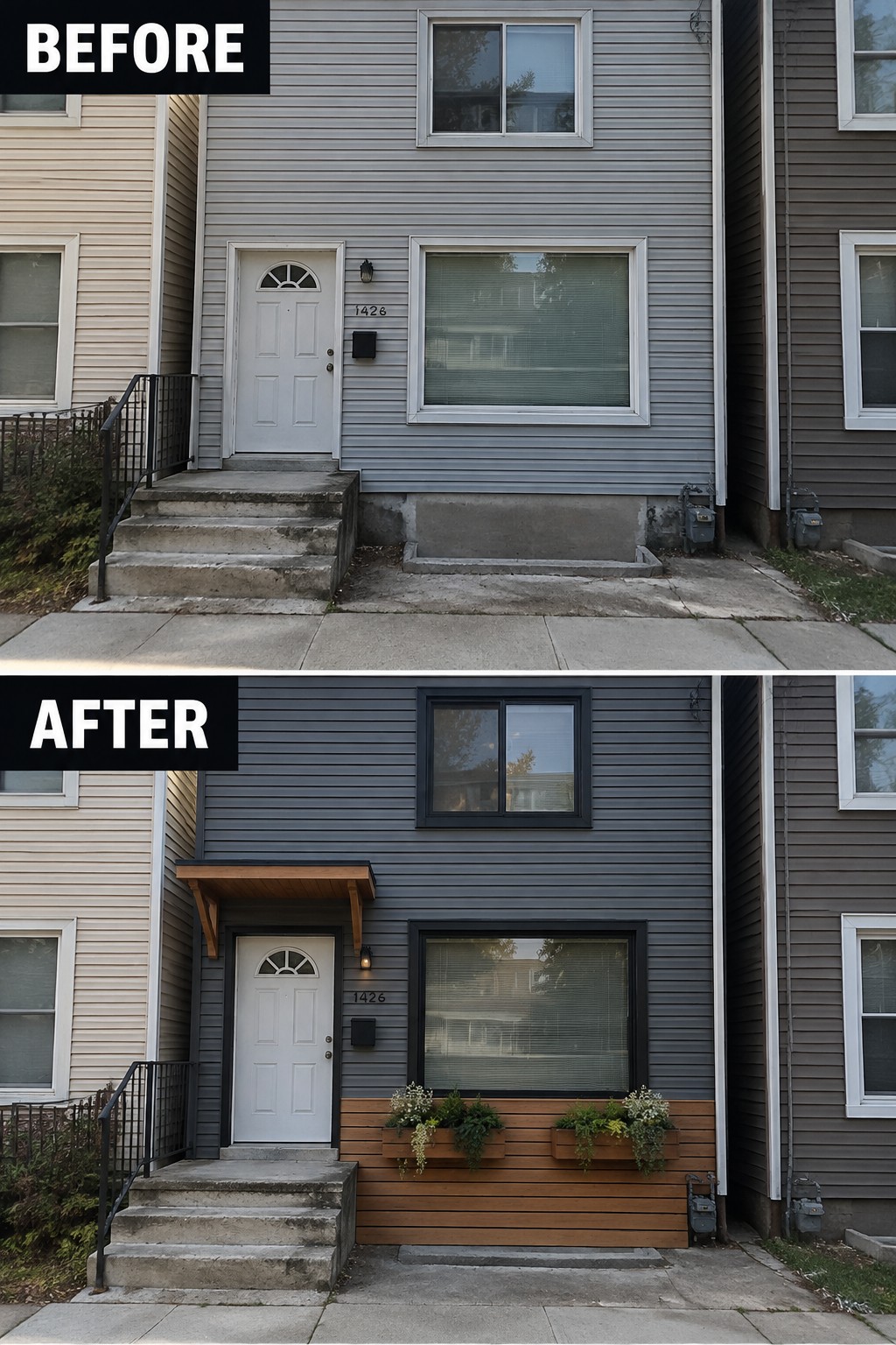 Before and after house exterior with dark paint, black trim, wood awning and planters.