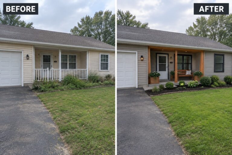20 Stylish Vinyl Siding Makeovers Paired With Dark Windows and Natural Wood Before and after views of house with new wooden porch, black windows, and updated landscaping