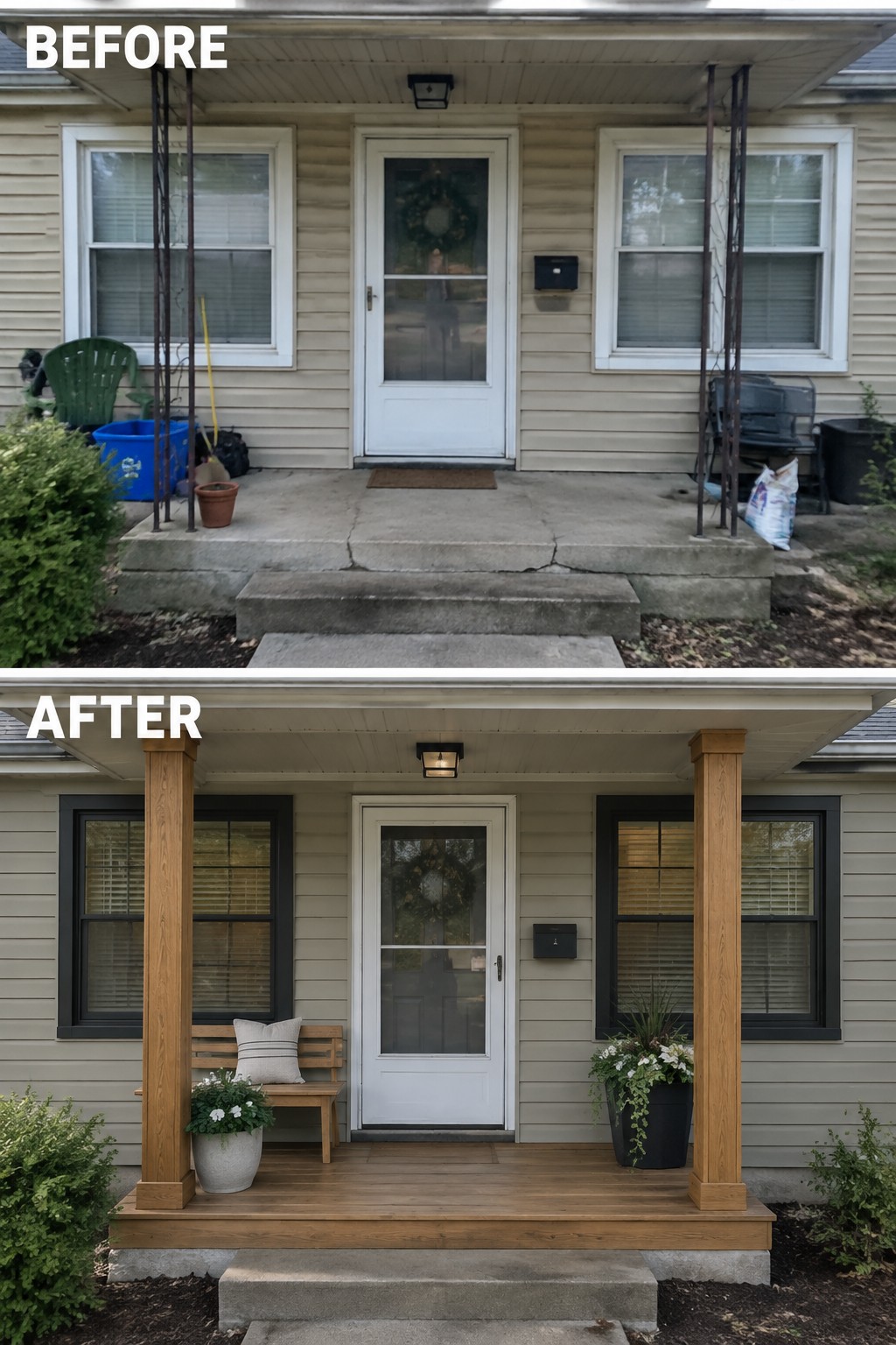 Before-and-after image of a front porch changed from a cluttered concrete area to a clean wooden deck with new posts, a bench, and planters.