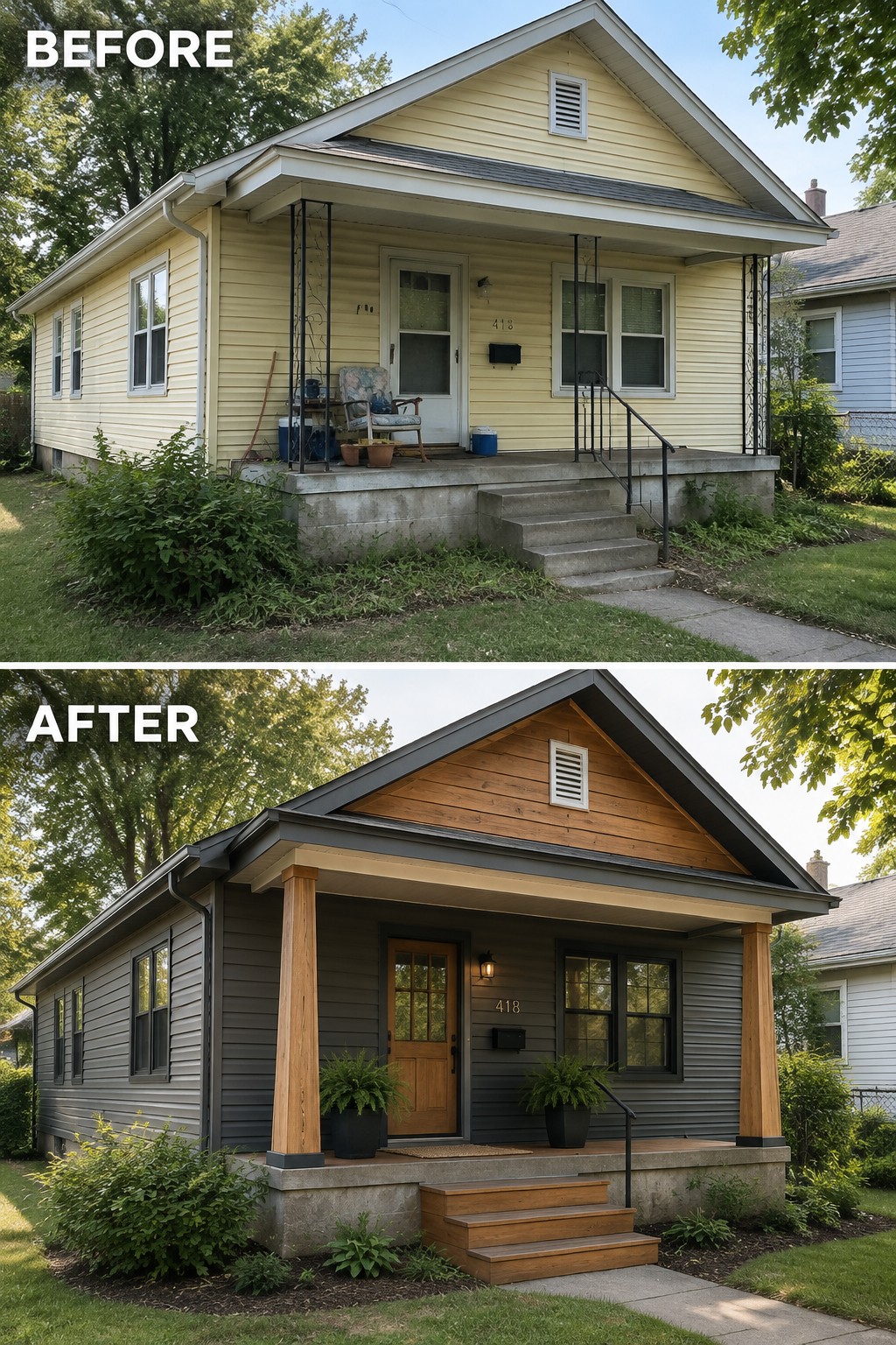 Before-and-after image of a house exterior updated from yellow siding to gray vinyl siding with added natural wood on the gable and porch columns.