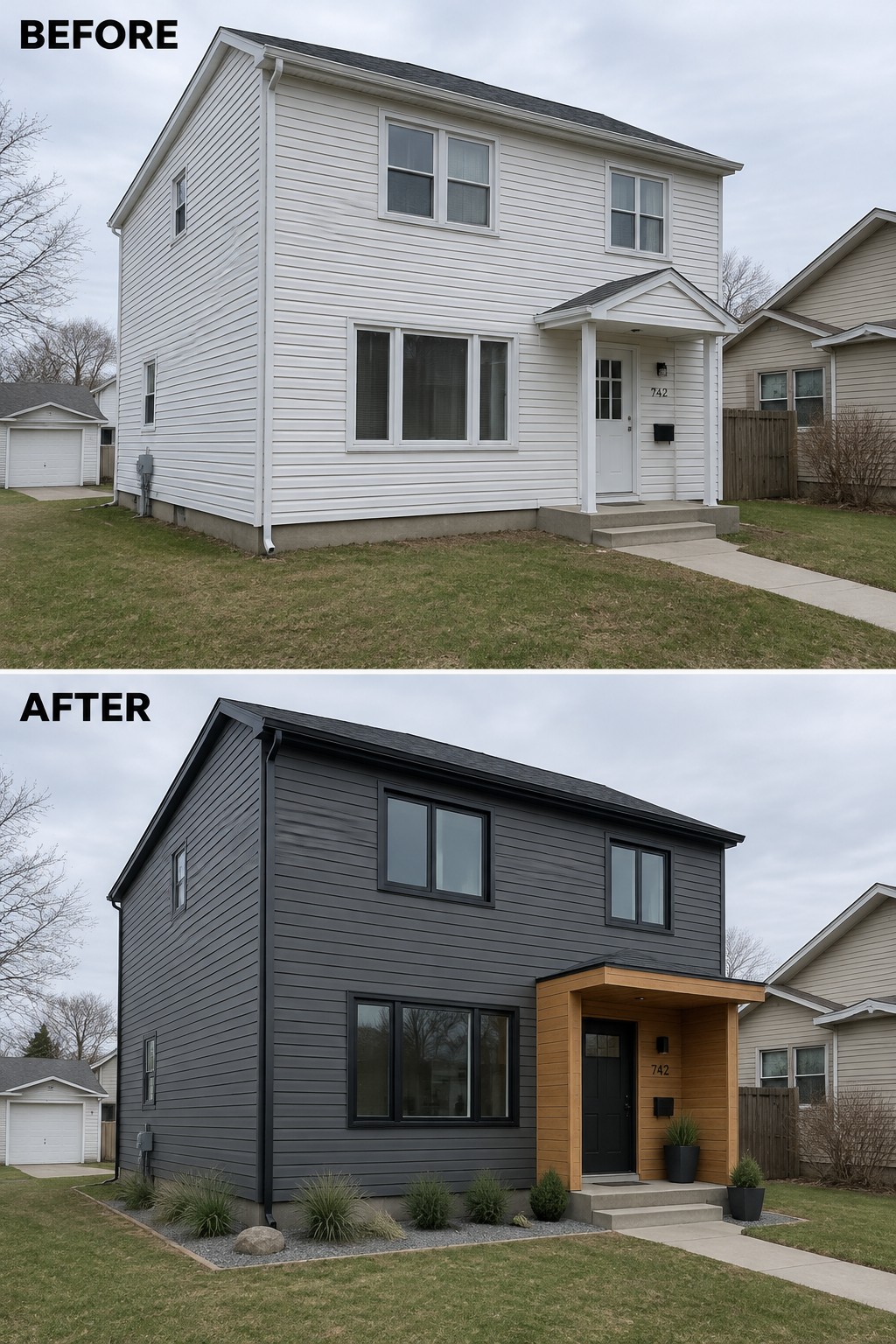 Two-story house exterior before white siding and after dark gray with modern wood entry