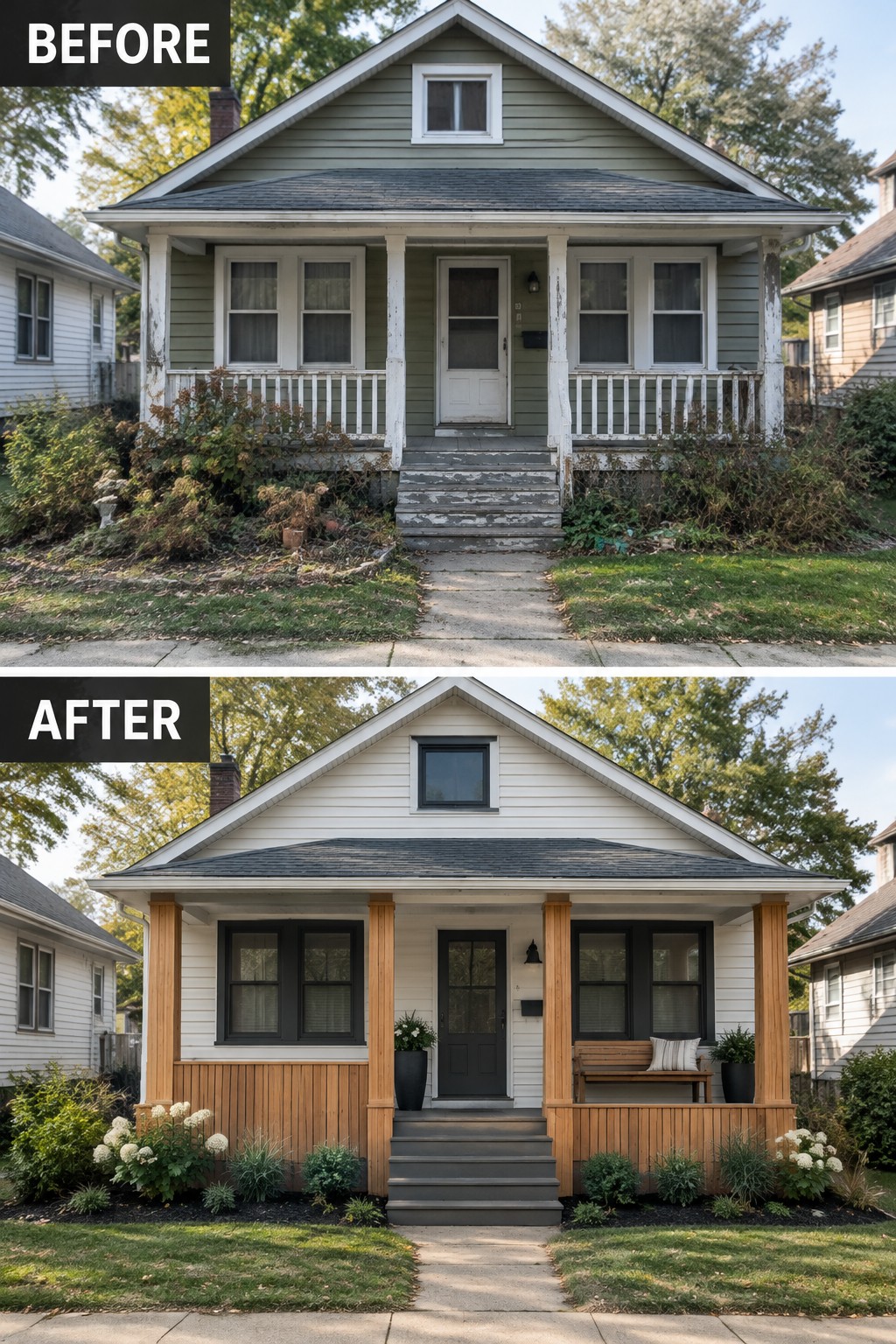 Before-and-after image of a house exterior updated with light vinyl siding, dark windows, and natural wood porch details.