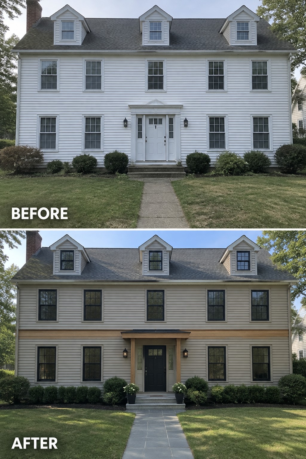 Before-and-after image of a white house exterior updated with beige vinyl siding, natural wood trim, a dark front door, and a stone walkway.