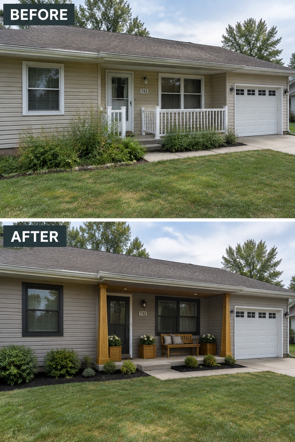 Before and after views of house with new wooden porch, black windows, and updated landscaping