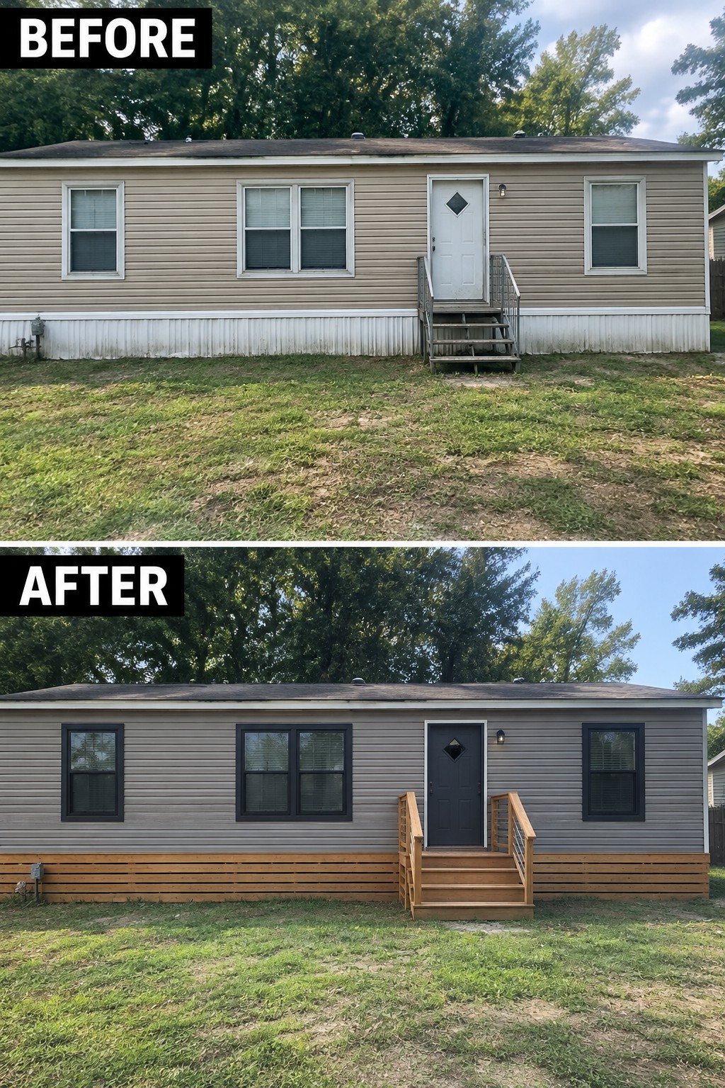 Before and after of house with new gray siding, black door, and wooden porch