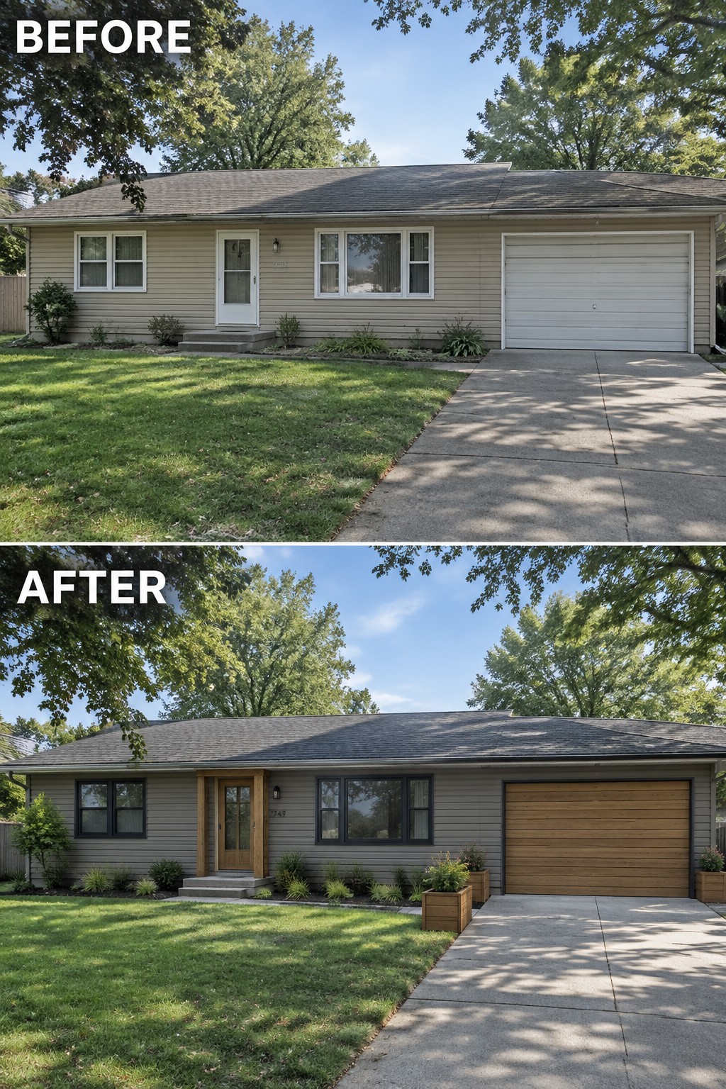 Before and after of house with updated wooden door, windows, and garage