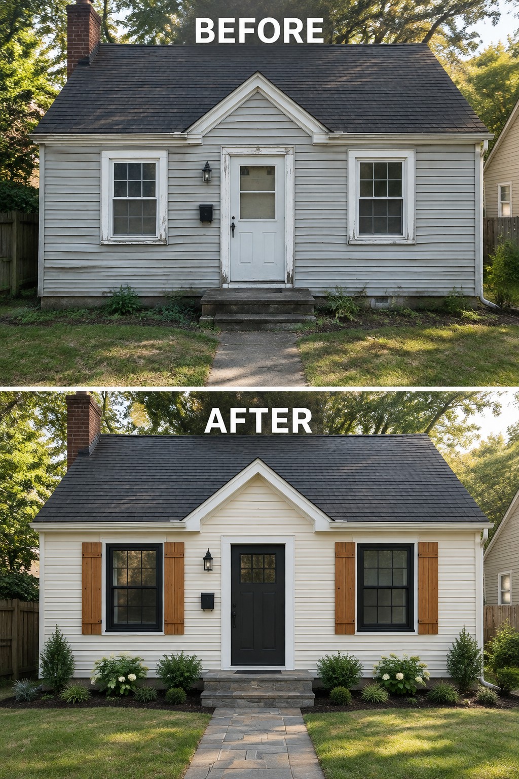 Before and after house exterior with new black door, wooden shutters, stone path, and landscaping.