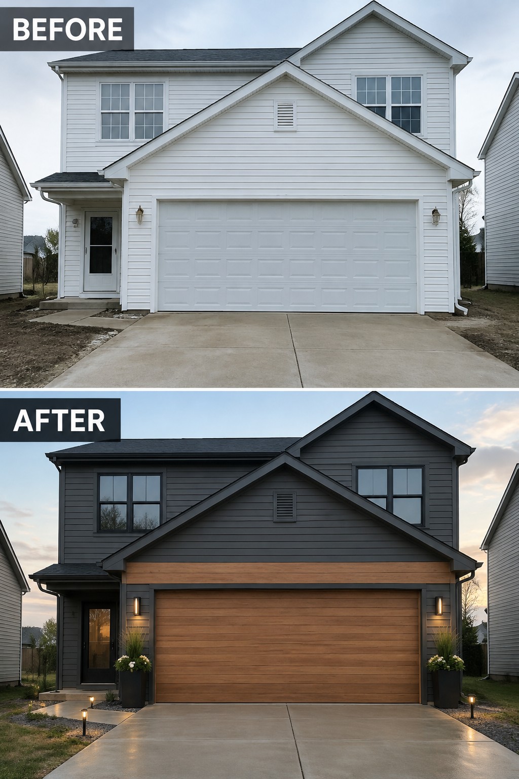Before-and-after image of a white house exterior updated with dark siding, a wood-paneled garage door, and added planters and lighting.