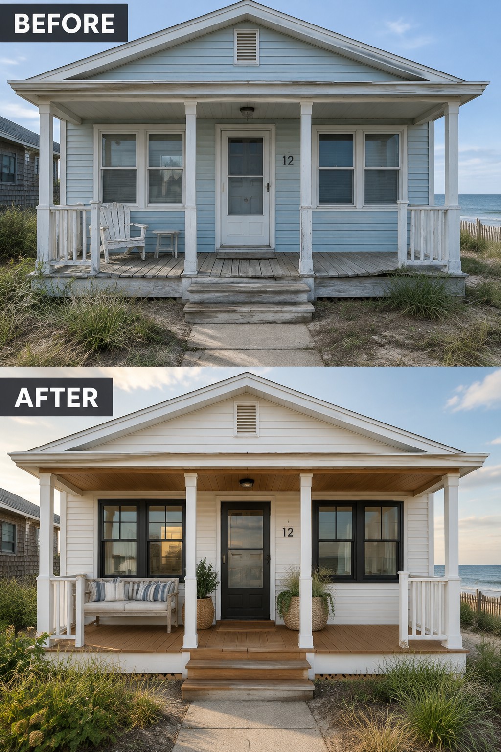 Before and after of blue beach cottage renovated white with wooden porch and bench.