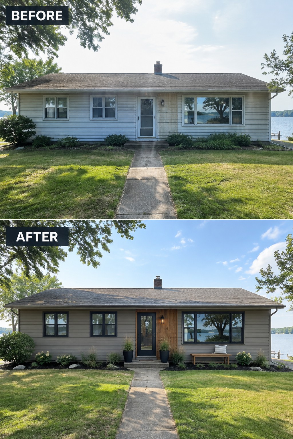 Before and after lakeside home exterior renovation with new siding and landscaping