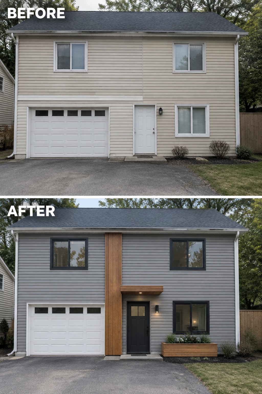 Before-and-after image of a two-story house with beige vinyl siding changed to gray siding, black windows, and wood accents added around the entry.