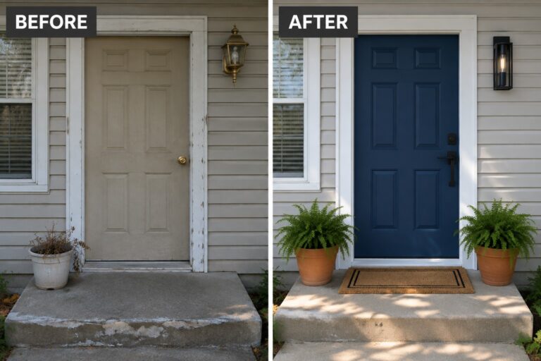 Before-and-after image of a front door changed from light gray to deep navy with new black hardware, planters, and a doormat.