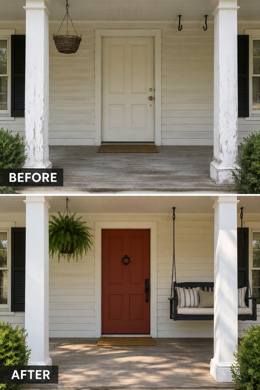 Before-and-after image of a front porch with the door painted from cream to red and updated with black hardware and a porch swing.
